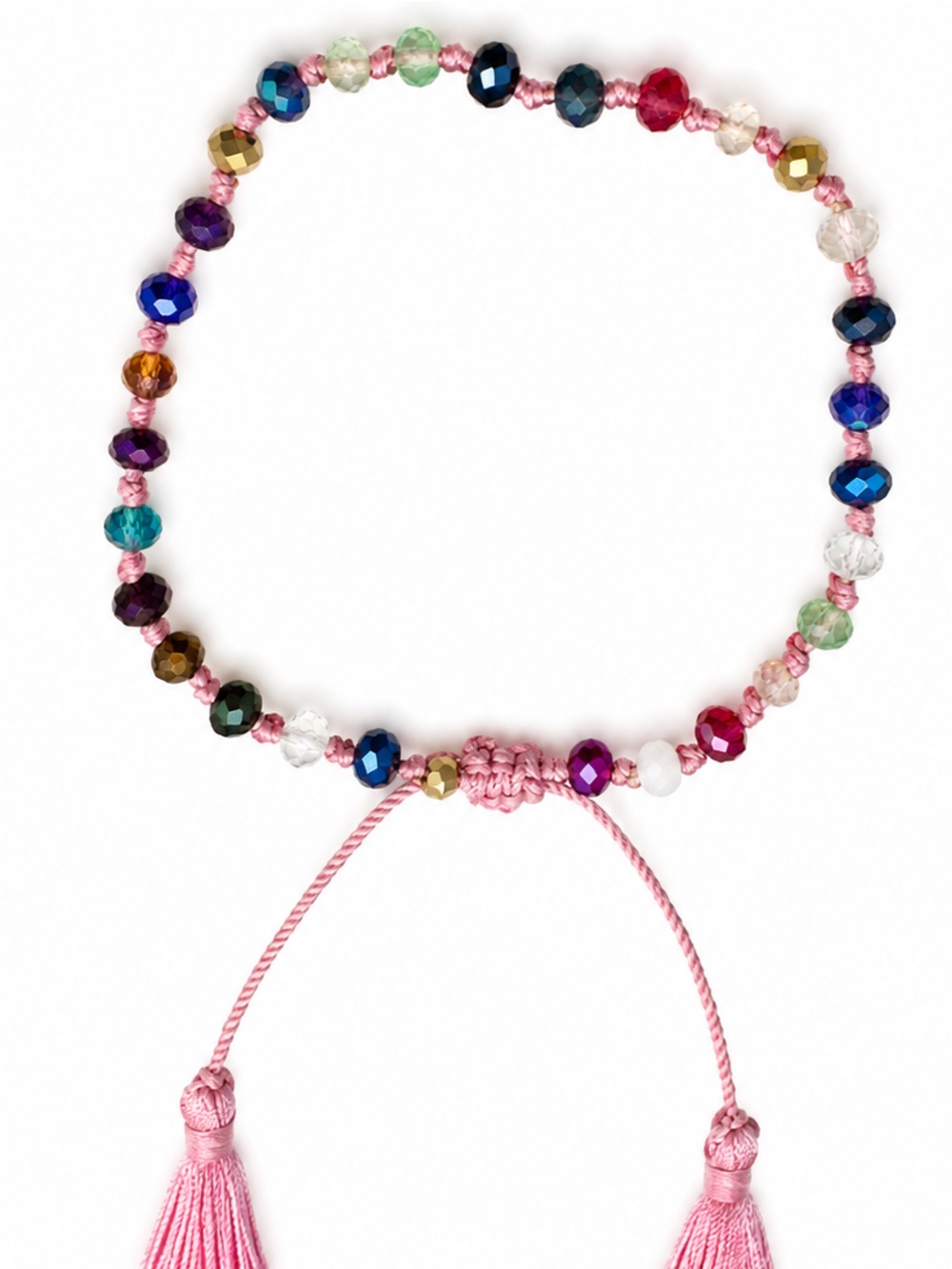 Adjustable Pink Cord Multicolor Crystal Beaded Bracelet Tassel Boho